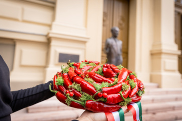 Paprikakoszorúval emlékeztek Szent-Györgyi Albertre a Szegedi Tudományegyetemen - A cikkhez tartozó kép